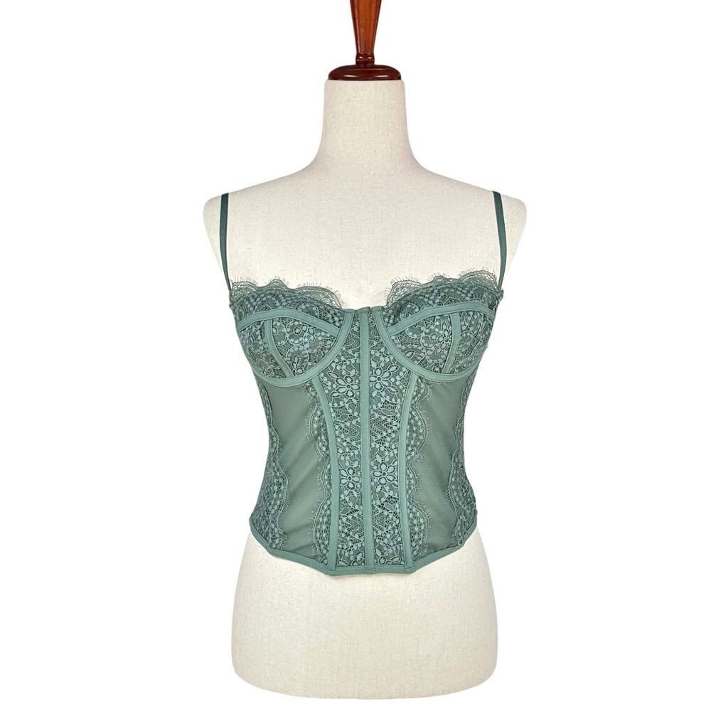 OUT FROM UNDER / UO Modern Love Lacy Corset Tank Top in Sage Green Size L